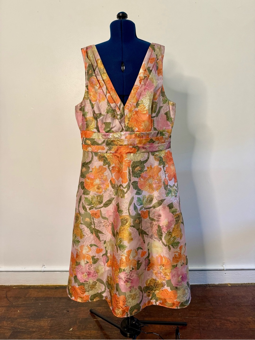 Adrianna Papell Floral Jacquard V-Neck A-Line Dress in Pink, Orange & Green